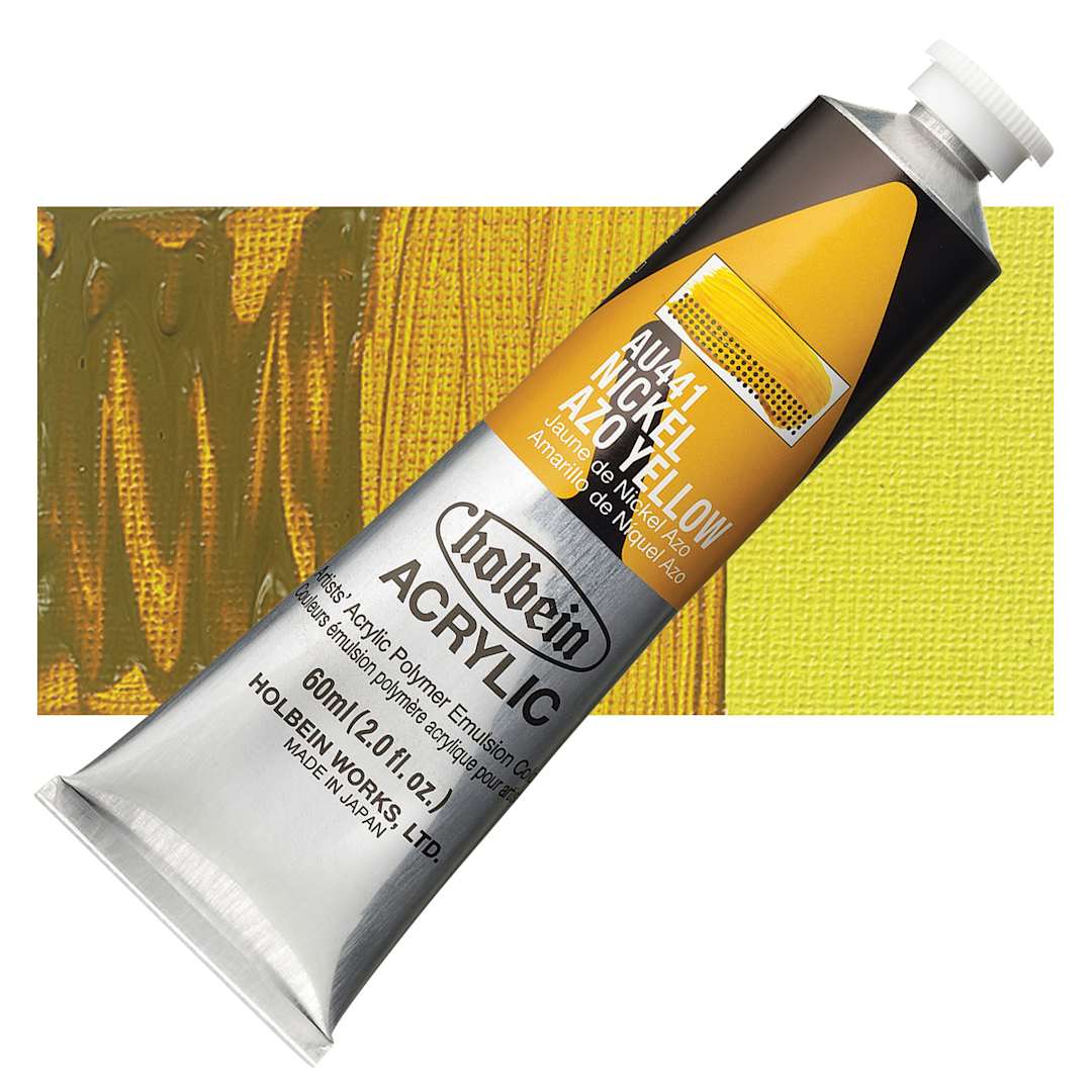 Open in modal - Holbein Heavy Body Artist Acrylic Paint - Nickel Azo Yellow, 60 ml tube and swatch