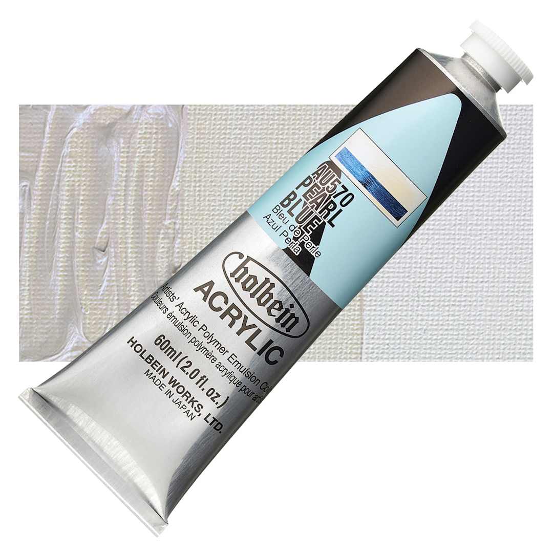 Open in modal - Holbein Heavy Body Artist Acrylic Paint - Pearl Blue, 60 ml tube and swatch