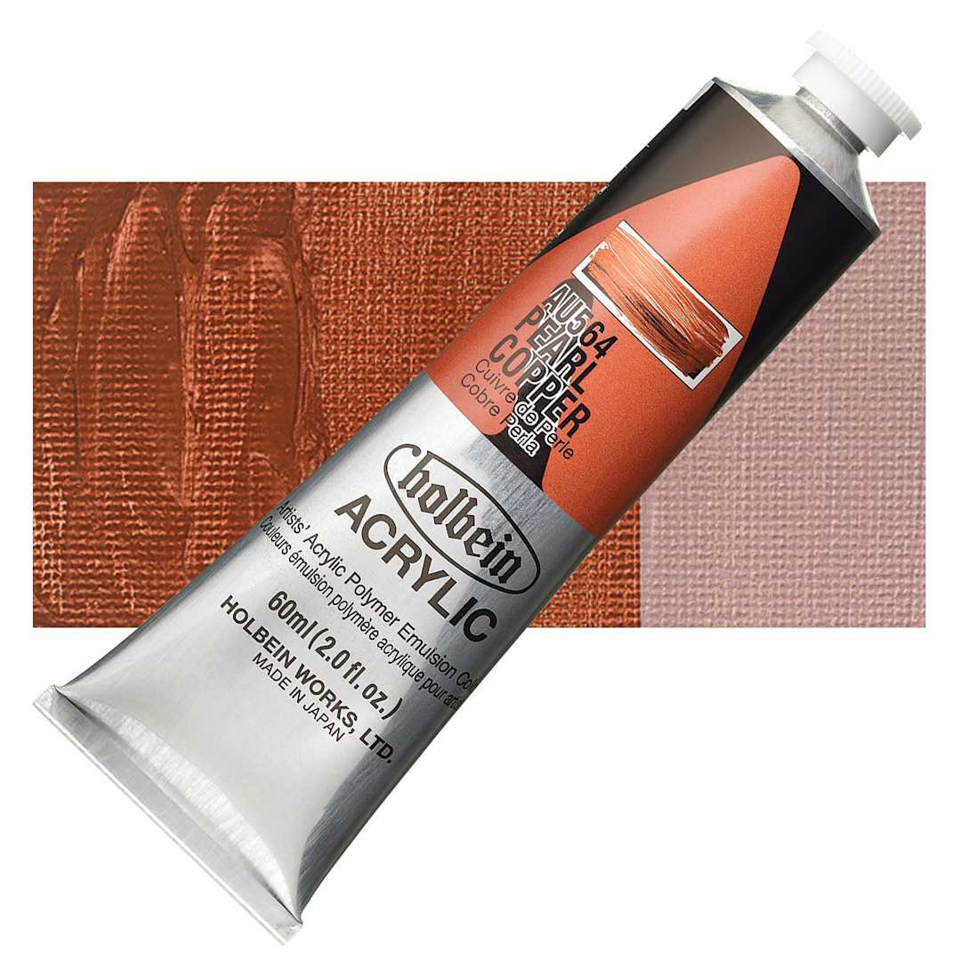 Open in modal - Holbein Heavy Body Artist Acrylic Paint - Pearl Copper, 60 ml tube and swatch