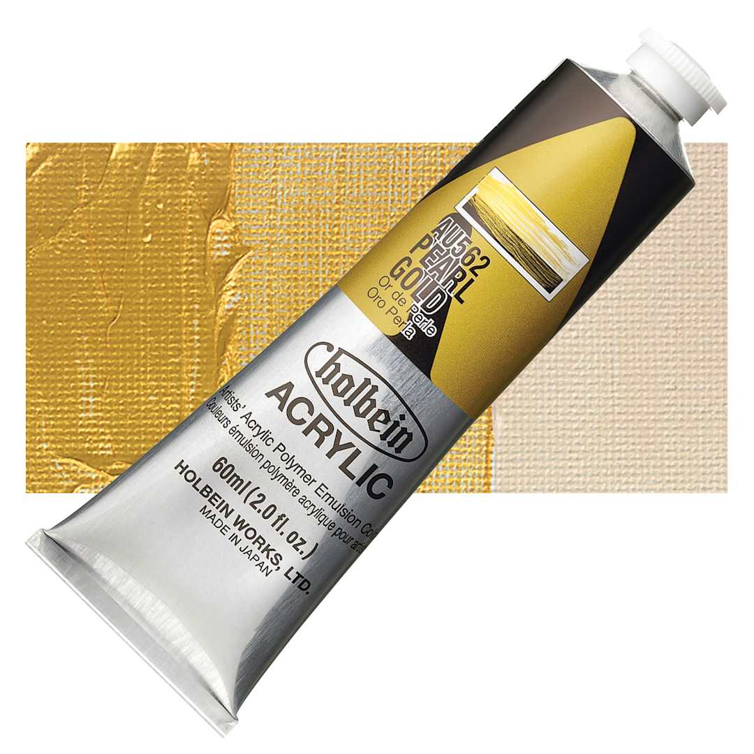 Open in modal - Holbein Heavy Body Artist Acrylic Paint - Pearl Gold, 60 ml tube and swatch