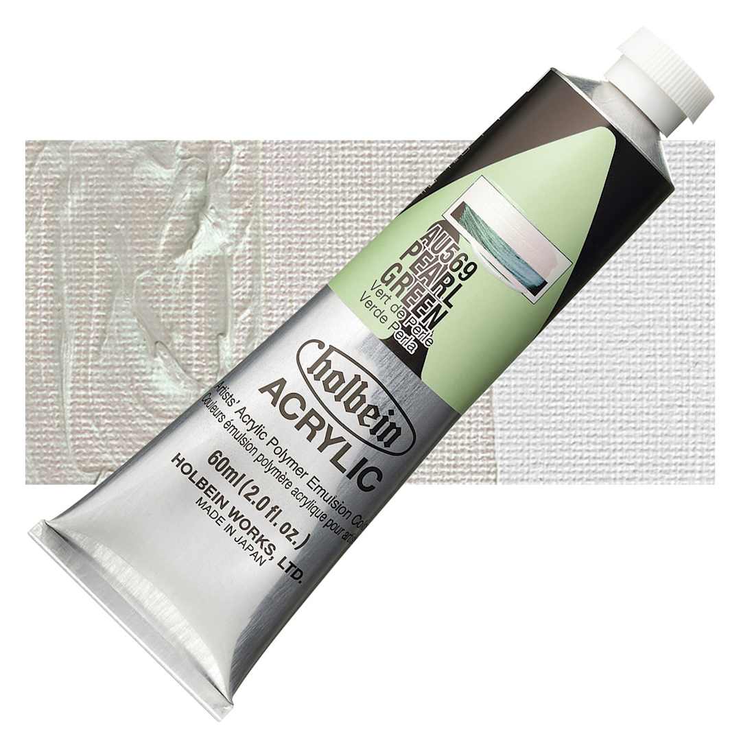 Open in modal - Holbein Heavy Body Artist Acrylic Paint - Pearl Green, 60 ml tube and swatch