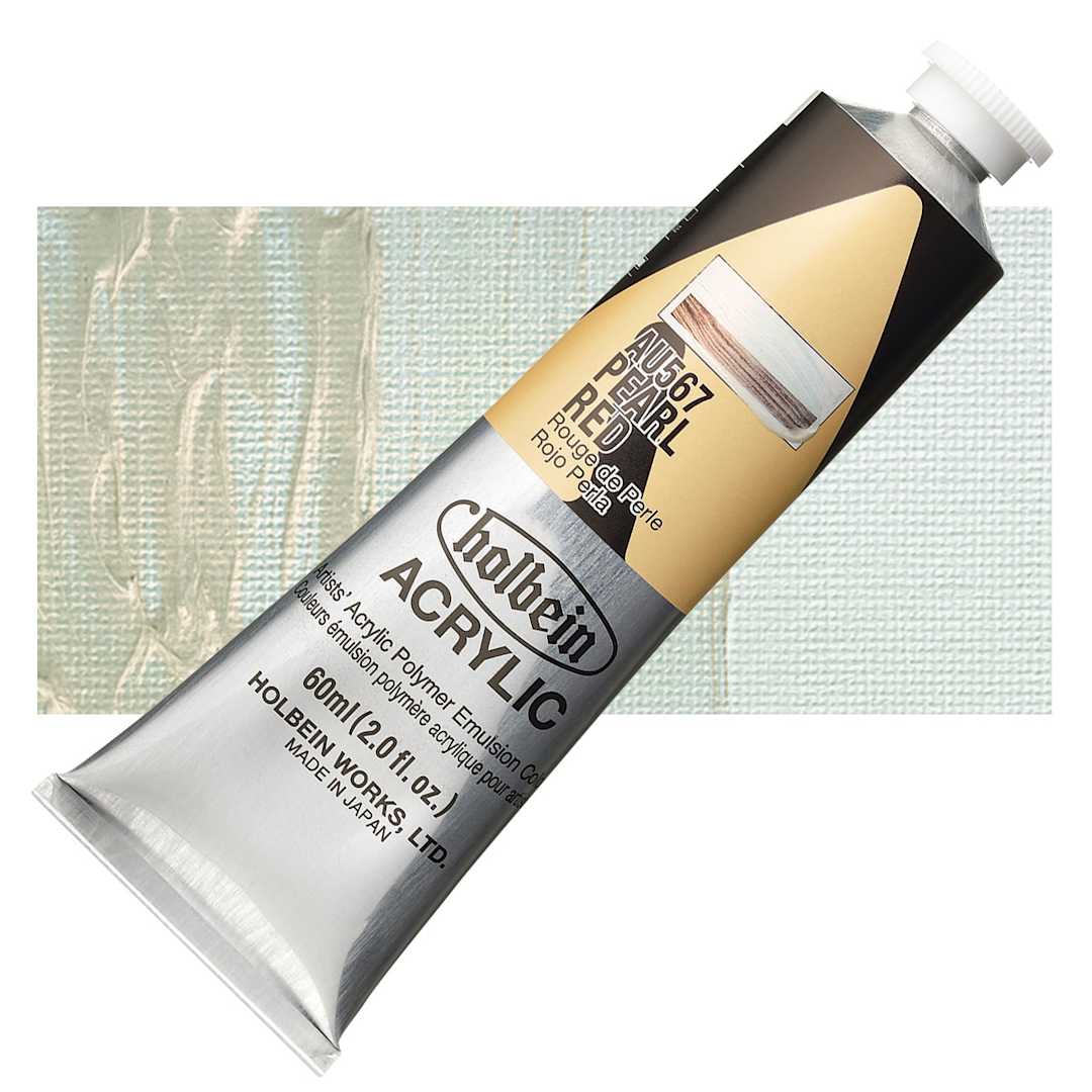 Open in modal - Holbein Heavy Body Artist Acrylic Paint - Pearl Red, 60 ml tube and swatch