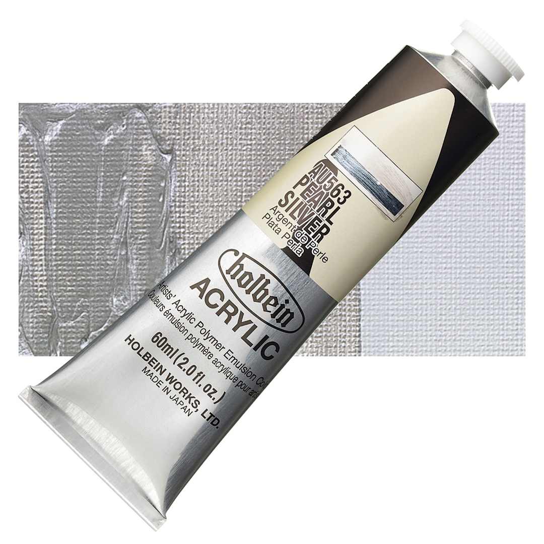 Open in modal - Holbein Heavy Body Artist Acrylic Paint - Pearl Silver, 60 ml tube and swatch