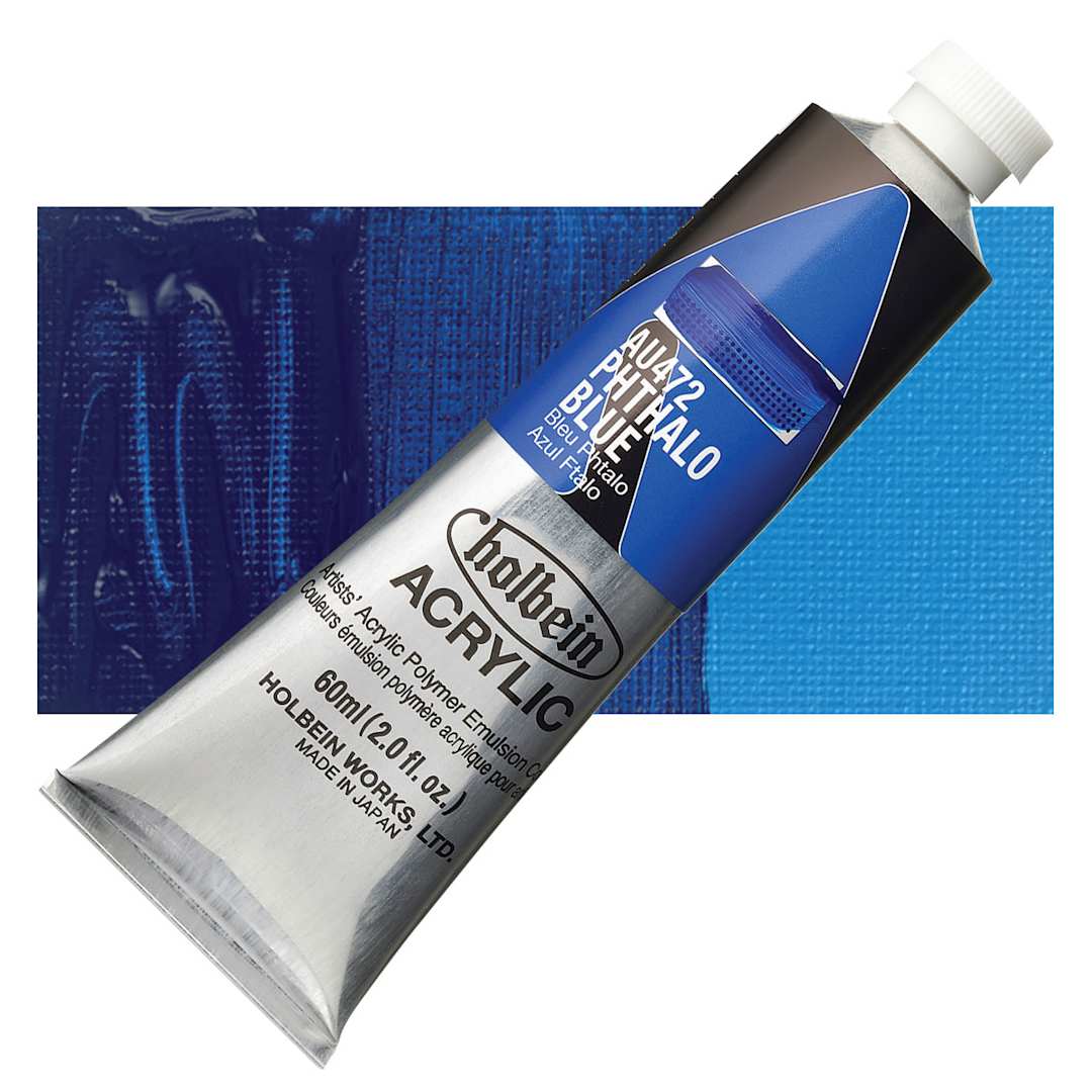 Open in modal - Holbein Heavy Body Artist Acrylic Paint - Phthalo Blue, 60 ml tube and swatch