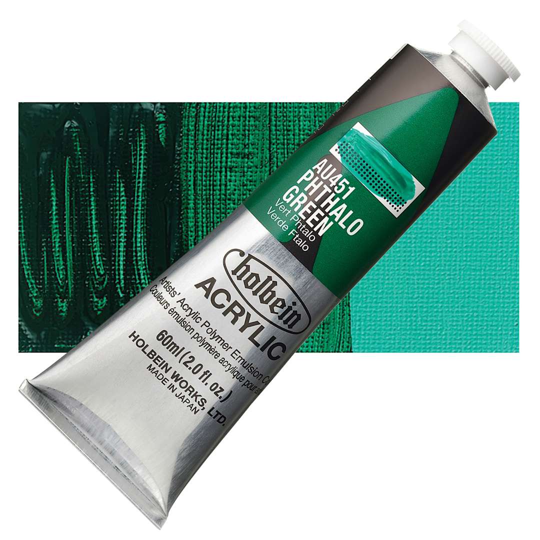 Open in modal - Holbein Heavy Body Artist Acrylic Paint - Phthalo Green, 60 ml tube and swatch