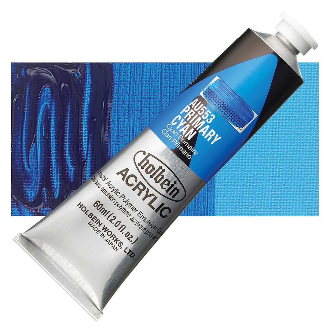 Open in modal - Holbein Heavy Body Artist Acrylic Paint - Primary Cyan, 60 ml tube and swatch