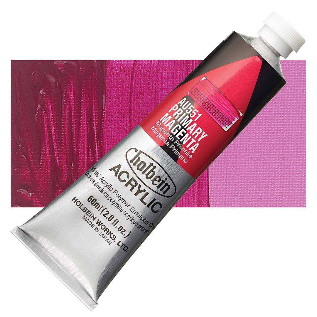 Open in modal - Holbein Heavy Body Artist Acrylic Paint - Primary Magenta, 60 ml tube and swatch