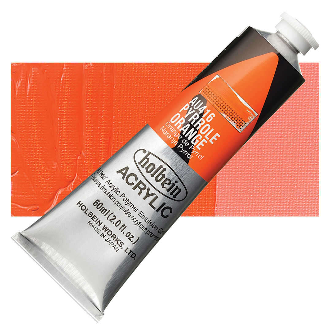 Open in modal - Holbein Heavy Body Artist Acrylic Paint - Pyrrole Orange, 60 ml tube and swatch