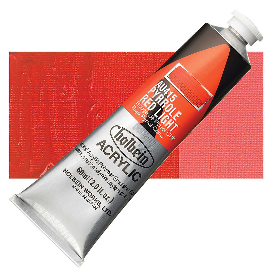 Open in modal - Holbein Heavy Body Artist Acrylic Paint - Pyrrole Red Light, 60 ml tube and swatch