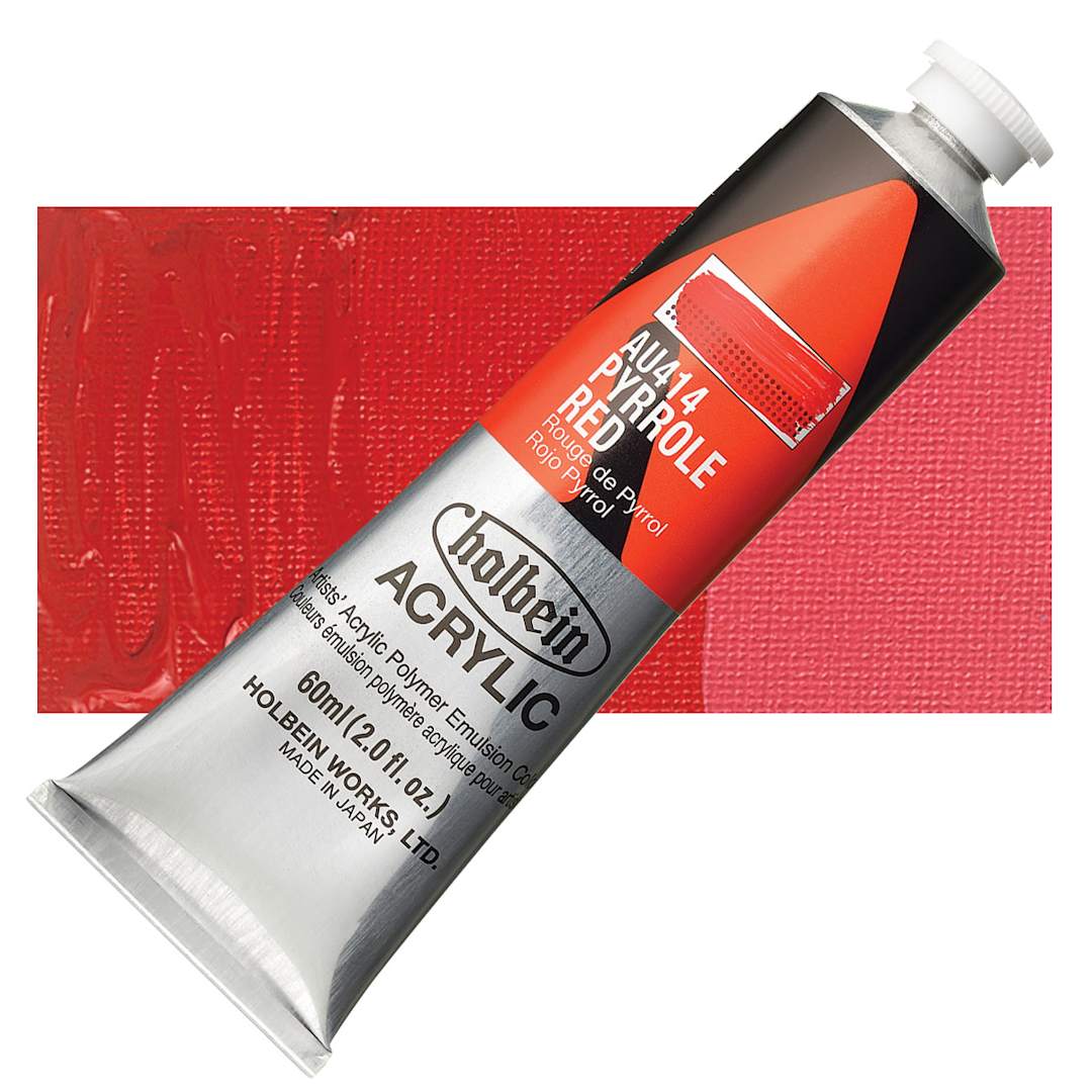 Open in modal - Holbein Heavy Body Artist Acrylic Paint - Pyrrole Red, 60 ml tube and swatch