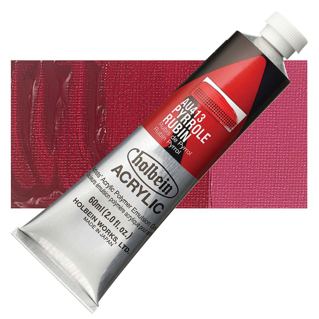 Open in modal - Holbein Heavy Body Artist Acrylic Paint - Pyrrole Rubine, 60 ml tube and swatch