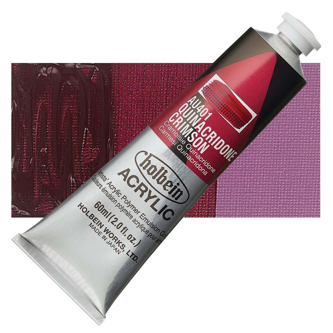 Open in modal - Holbein Heavy Body Artist Acrylic Paint - Quinacridone Crimson, 60 ml tube and swatch