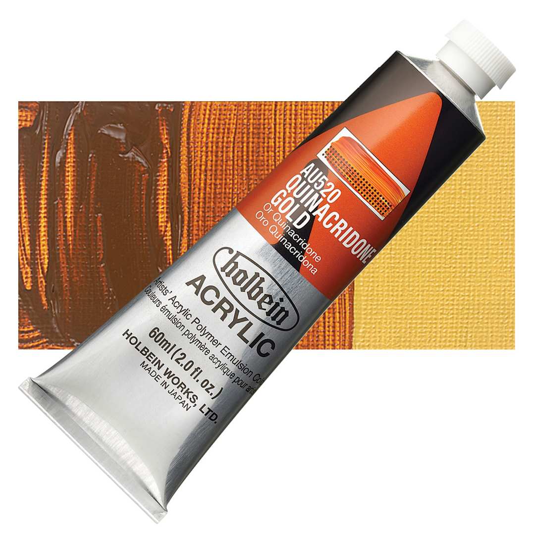 Open in modal - Holbein Heavy Body Artist Acrylic Paint - Quinacridone Gold, 60 ml tube and swatch