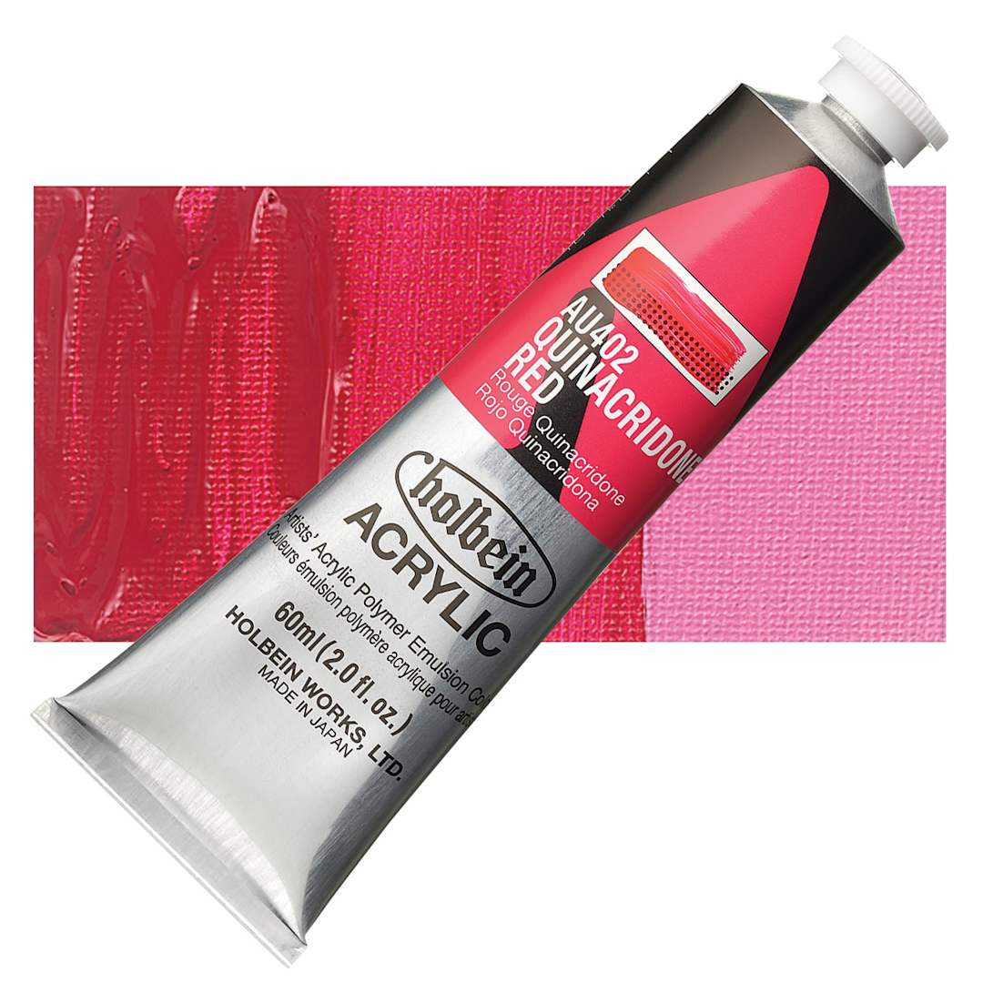 Open in modal - Holbein Heavy Body Artist Acrylic Paint - Quinacridone Red, 60 ml tube and swatch