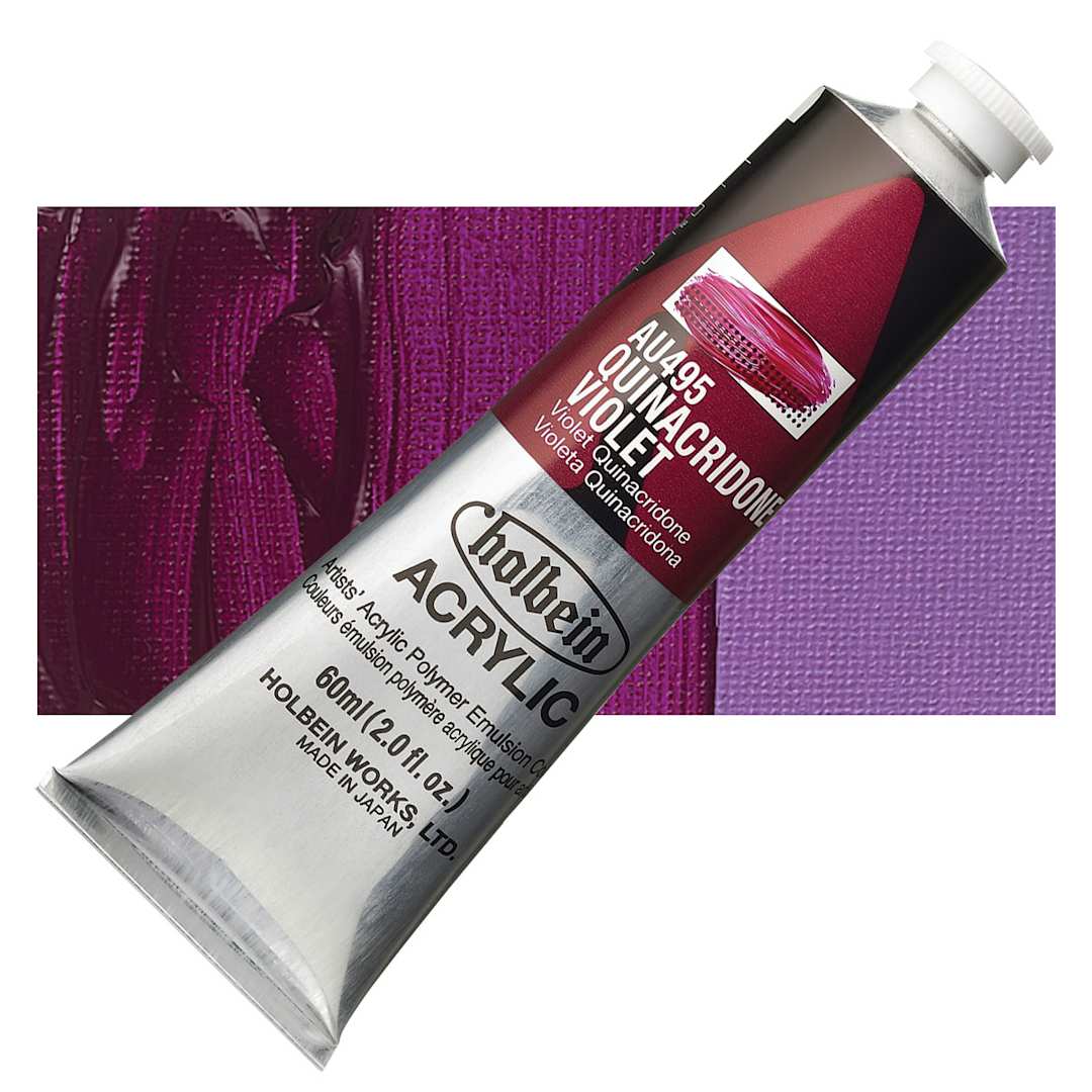 Open in modal - Holbein Heavy Body Artist Acrylic Paint - Quinacridone Violet, 60 ml tube and swatch