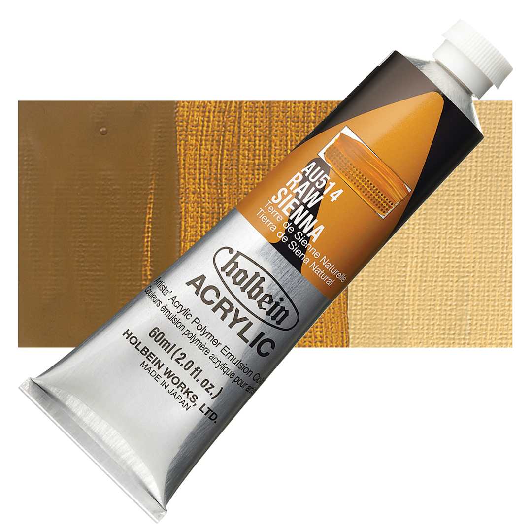 Open in modal - Holbein Heavy Body Artist Acrylic Paint - Raw Sienna, 60 ml tube and swatch