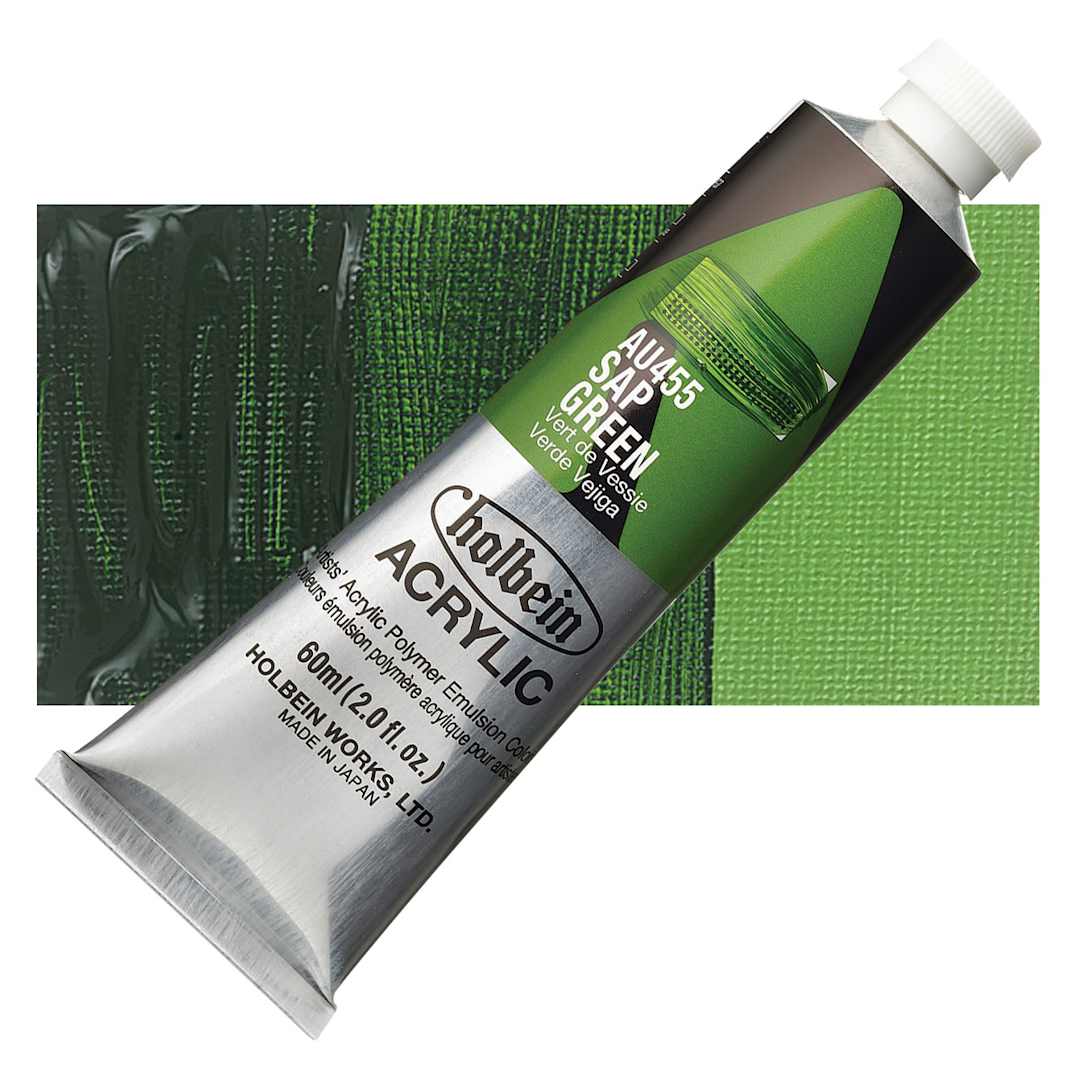Open in modal - Holbein Heavy Body Artist Acrylic Paint - Sap Green, 60 ml tube and swatch