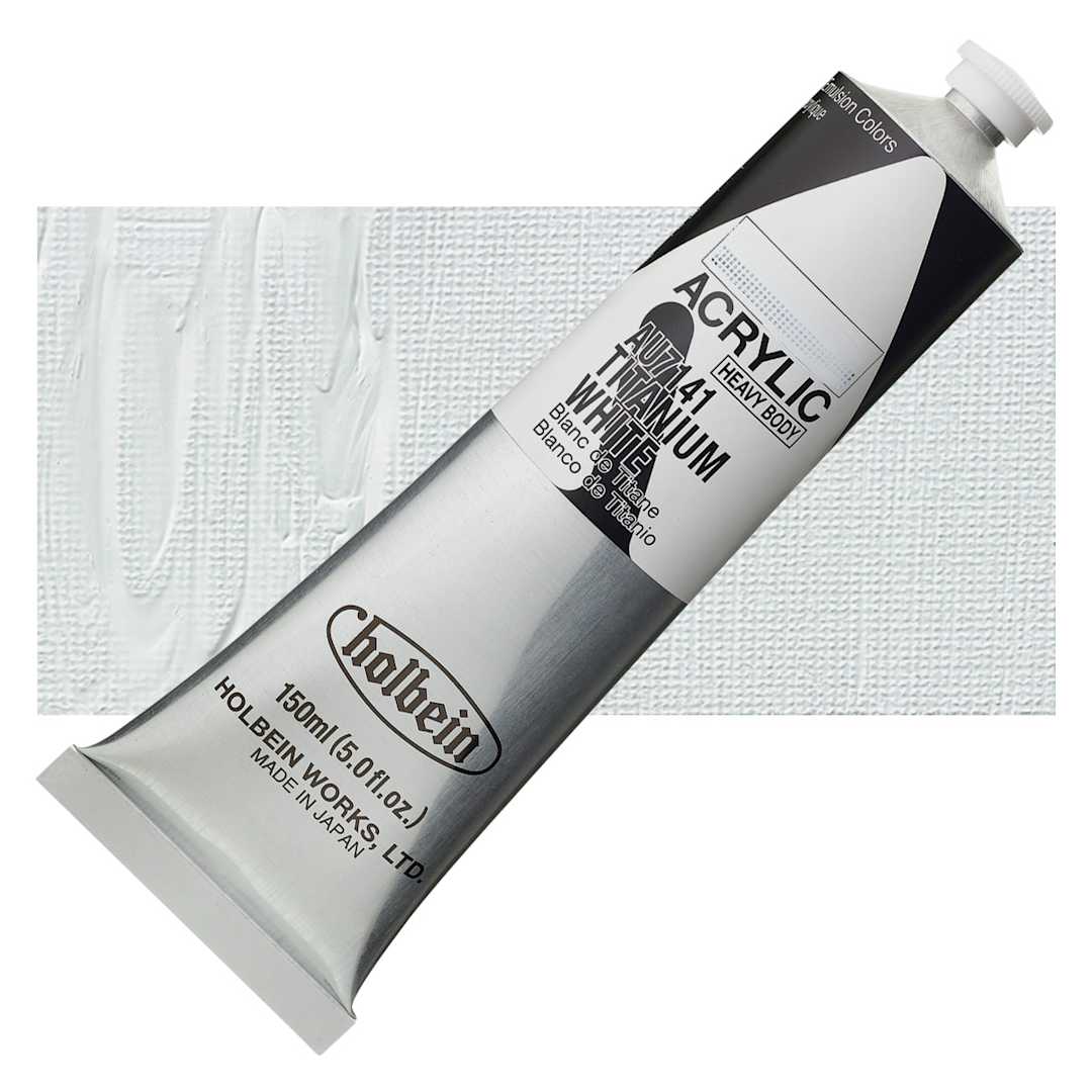 Open in modal - Holbein Heavy Body Artist Acrylic Paint - Titanium White, 150 ml tube and swatch
