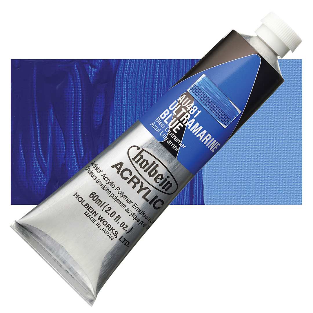 Open in modal - Holbein Heavy Body Artist Acrylic Paint - Ultramarine Blue, 60 ml tube and swatch