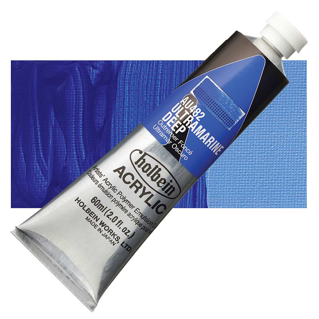 Open in modal - Holbein Heavy Body Artist Acrylic Paint - Ultramarine Deep, 60 ml tube and swatch