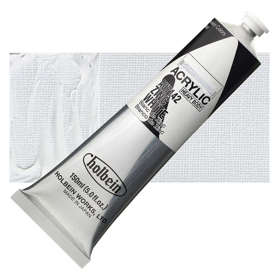 Open in modal - Holbein Heavy Body Artist Acrylic Paint - Zinc White, 150 ml tube and swatch