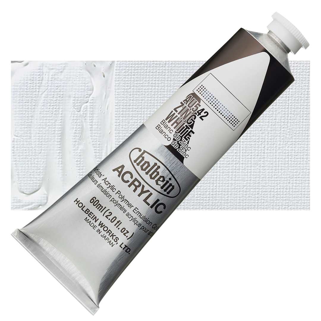 Open in modal - Holbein Heavy Body Artist Acrylic Paint - Zinc White, 60 ml tube and swatch