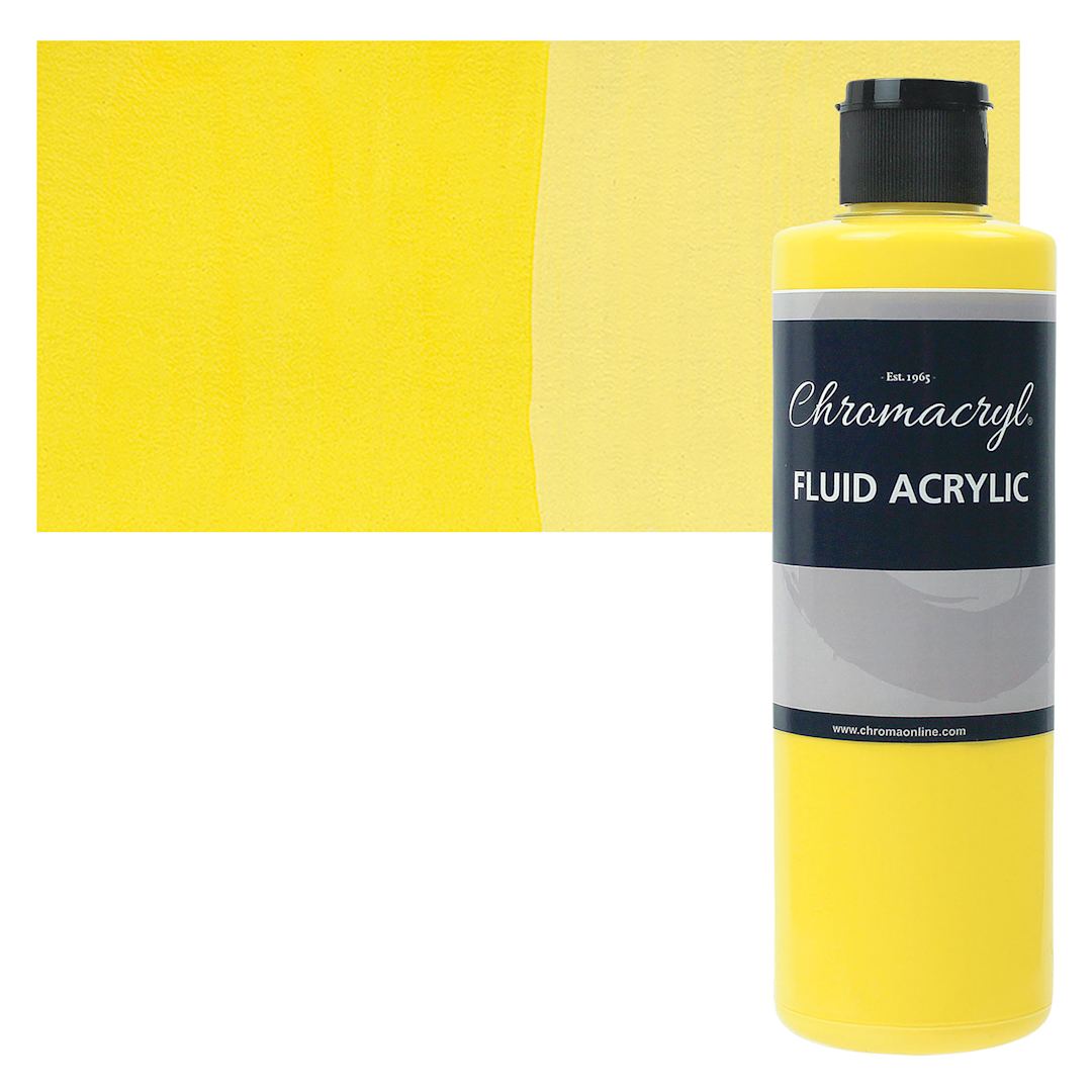 Open in modal - Chromacryl Fluid Acrylic - Cool Yellow, 250 ml bottle and swatch