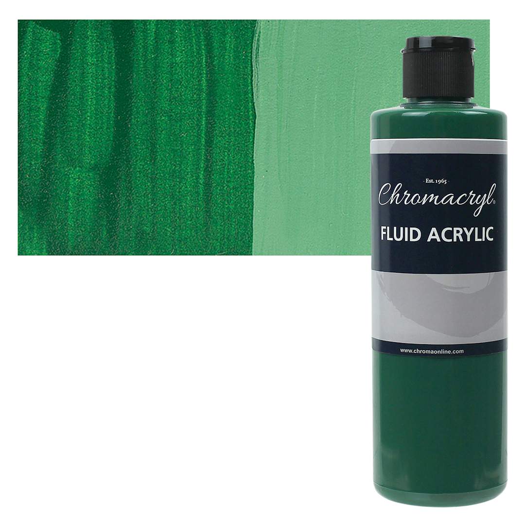 Open in modal - Chromacryl Fluid Acrylic - Green Deep, 250 ml bottle and swatch