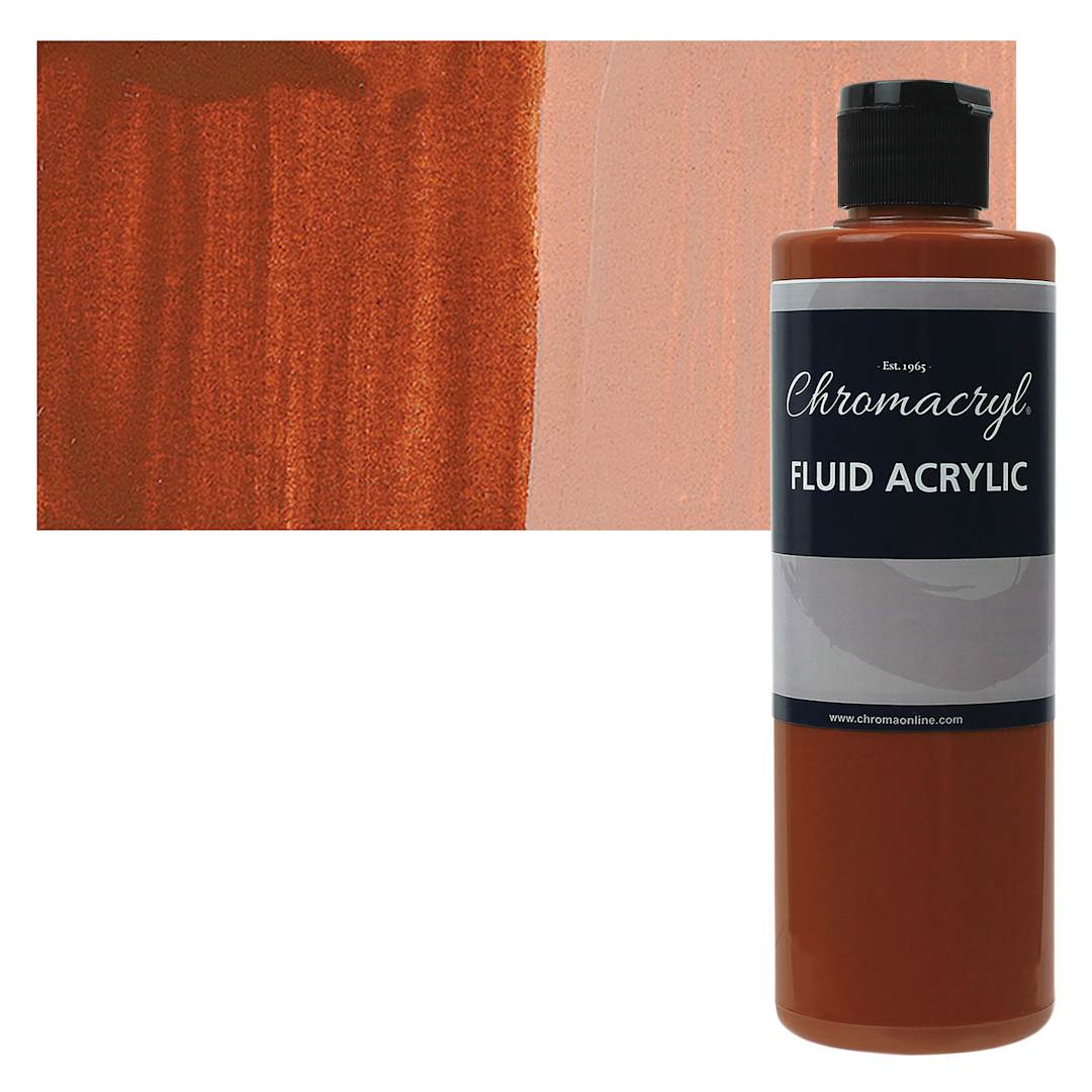Open in modal - Chromacryl Fluid Acrylic - Burnt Sienna, 250 ml bottle and swatch