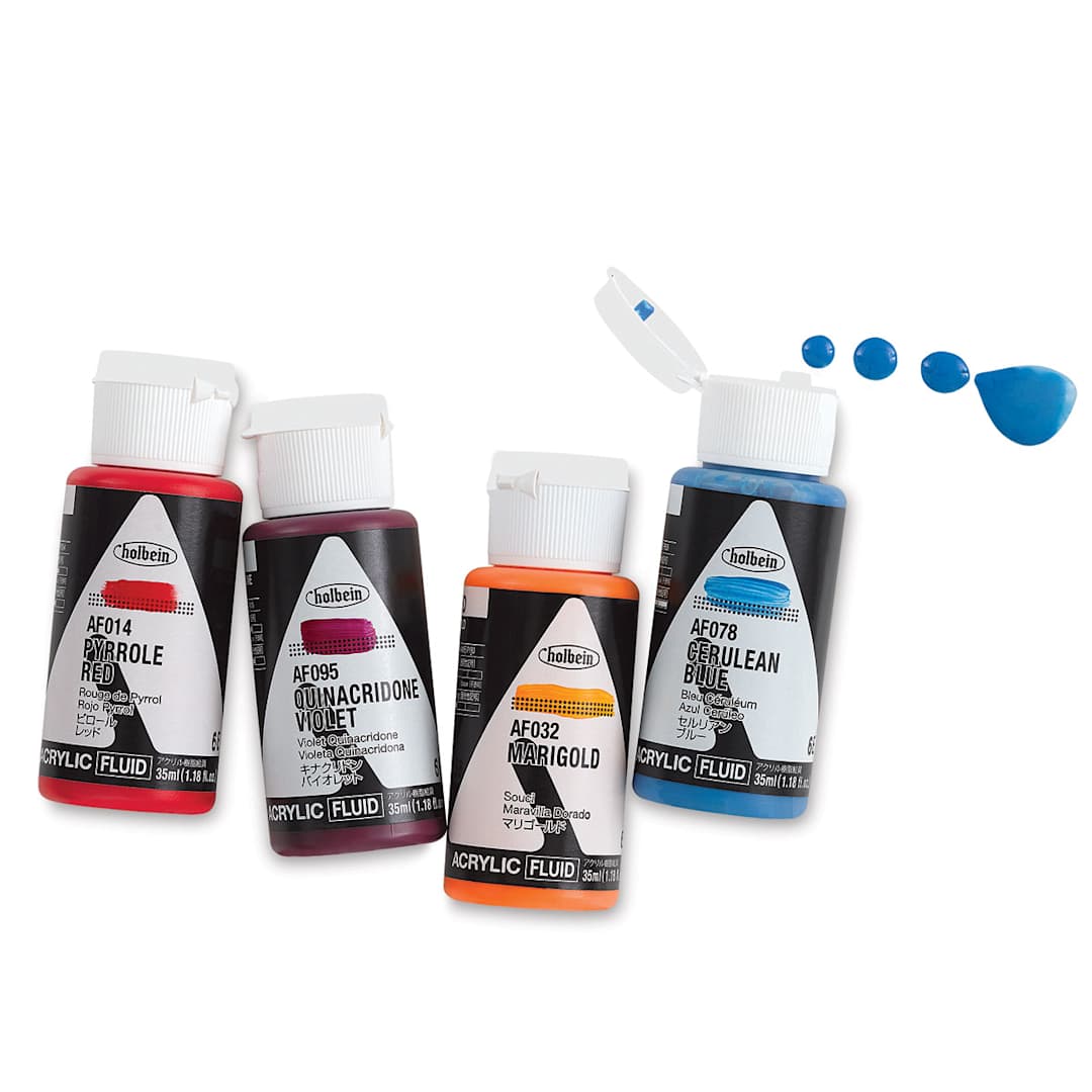 Open in modal - Holbein Fluid Acrylic Paints - 4 assorted colors shown with Blue bottle open and dripping 