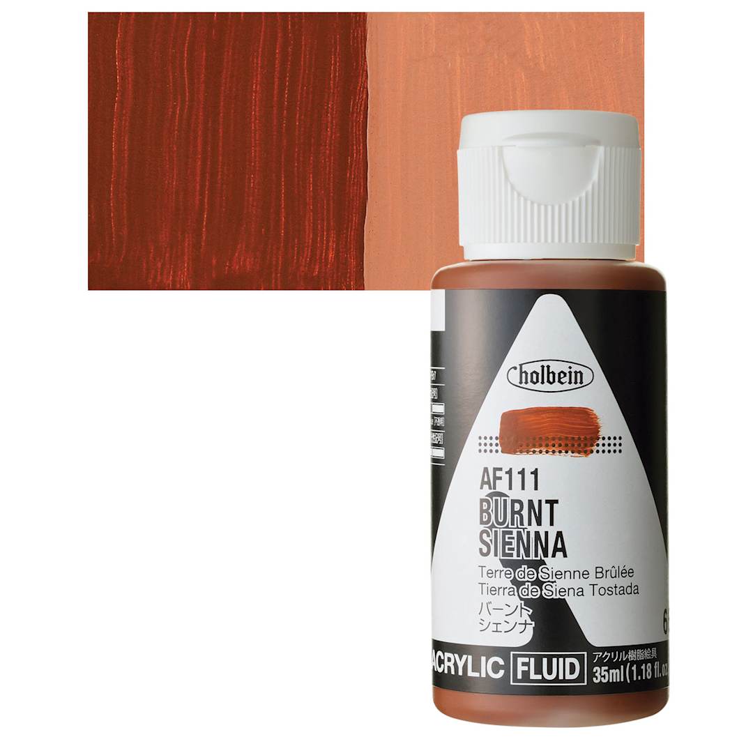 Open in modal - Holbein Fluid Acrylic Paint - Burnt Sienna, 35 ml Bottle and swatch
