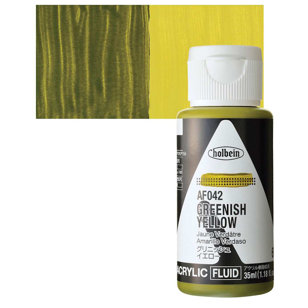 Open in modal - Holbein Fluid Acrylic Paint - Greenish Yellow, 35 ml Bottle and swatch