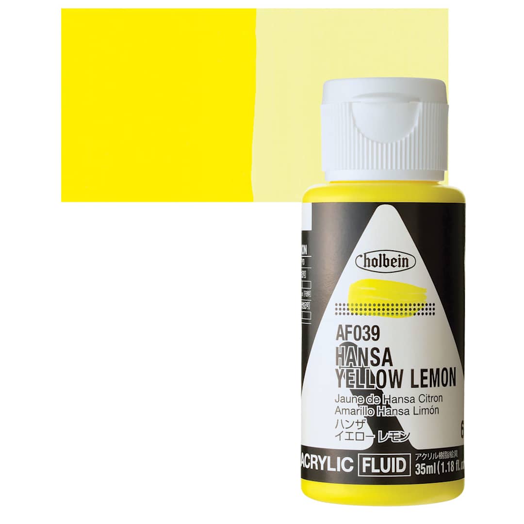 Open in modal - Holbein Fluid Acrylic Paint - Hansa Yellow Lemon, 35 ml Bottle and swatch