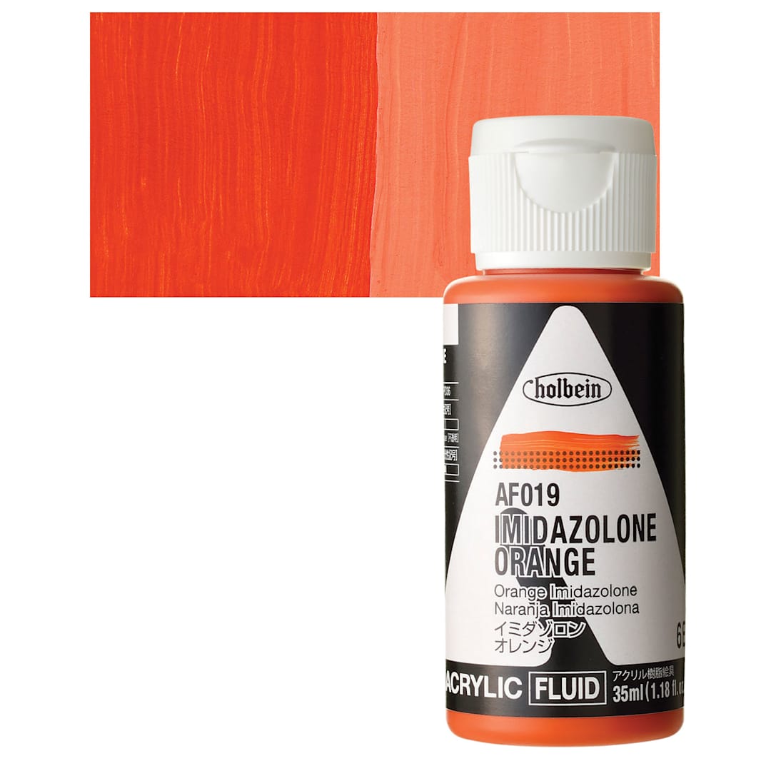 Open in modal - Holbein Fluid Acrylic Paint - Imidazolone Orange, 35 ml Bottle and swatch