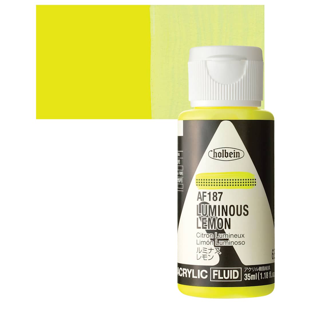 Open in modal - Holbein Fluid Acrylic Paint - Luminous Lemon, 35 ml Bottle and swatch