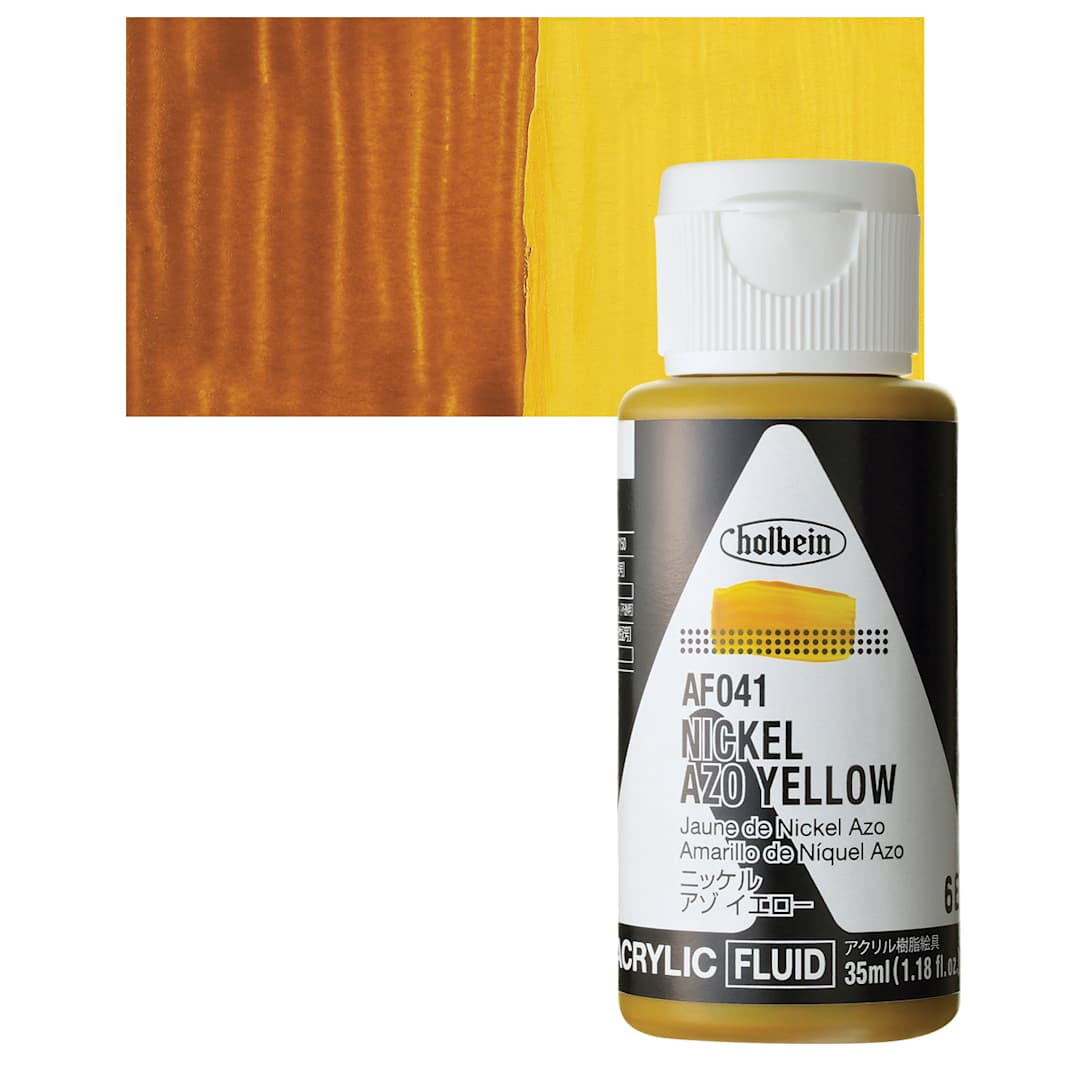 Open in modal - Holbein Fluid Acrylic Paint - Nickel Azo Yellow, 35 ml Bottle and swatch