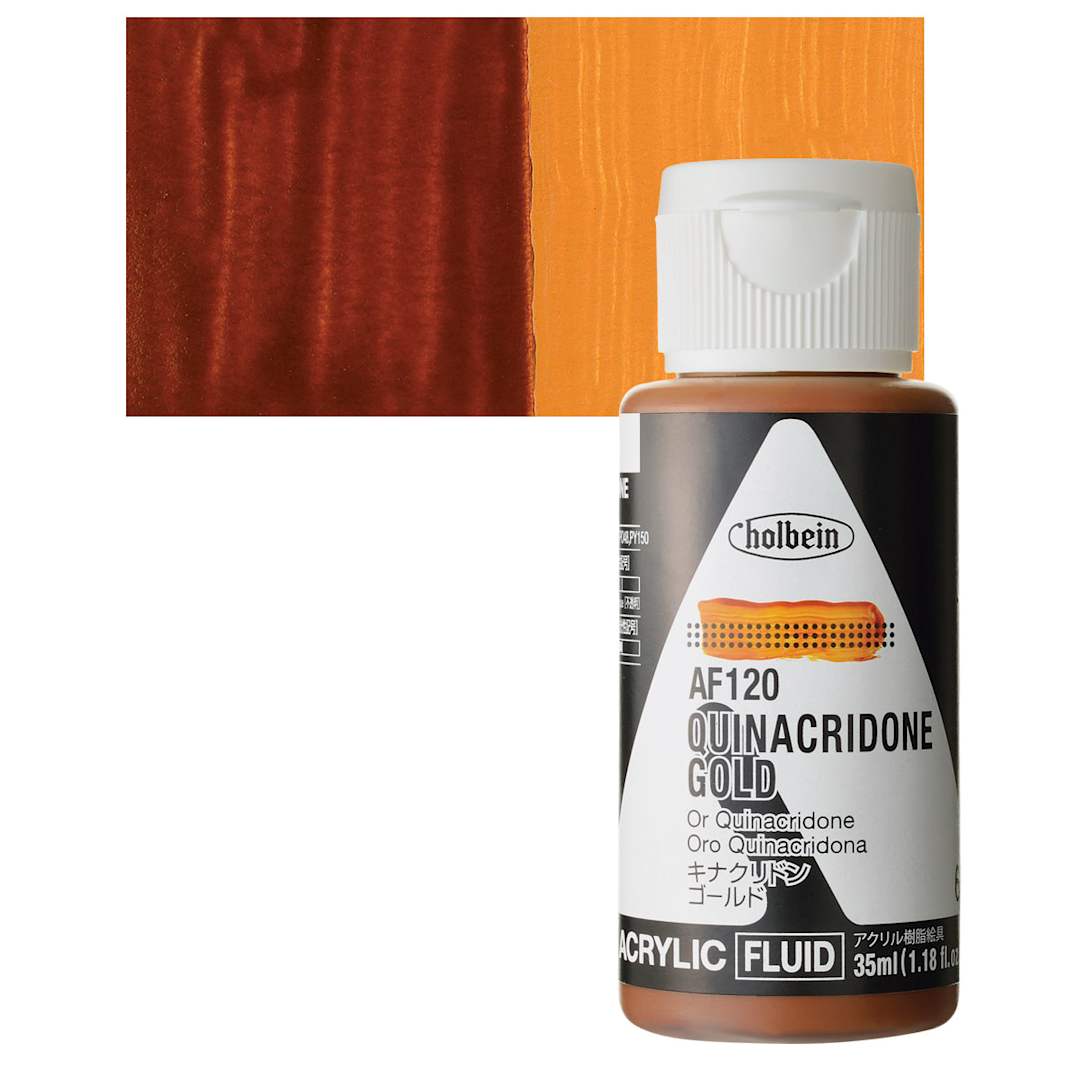 Open in modal - Holbein Fluid Acrylic Paint - Quinacridone Gold, 35 ml Bottle and swatch