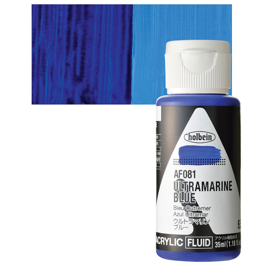 Open in modal - Holbein Fluid Acrylic Paint - Ultramarine Blue, 35 ml Bottle and swatch