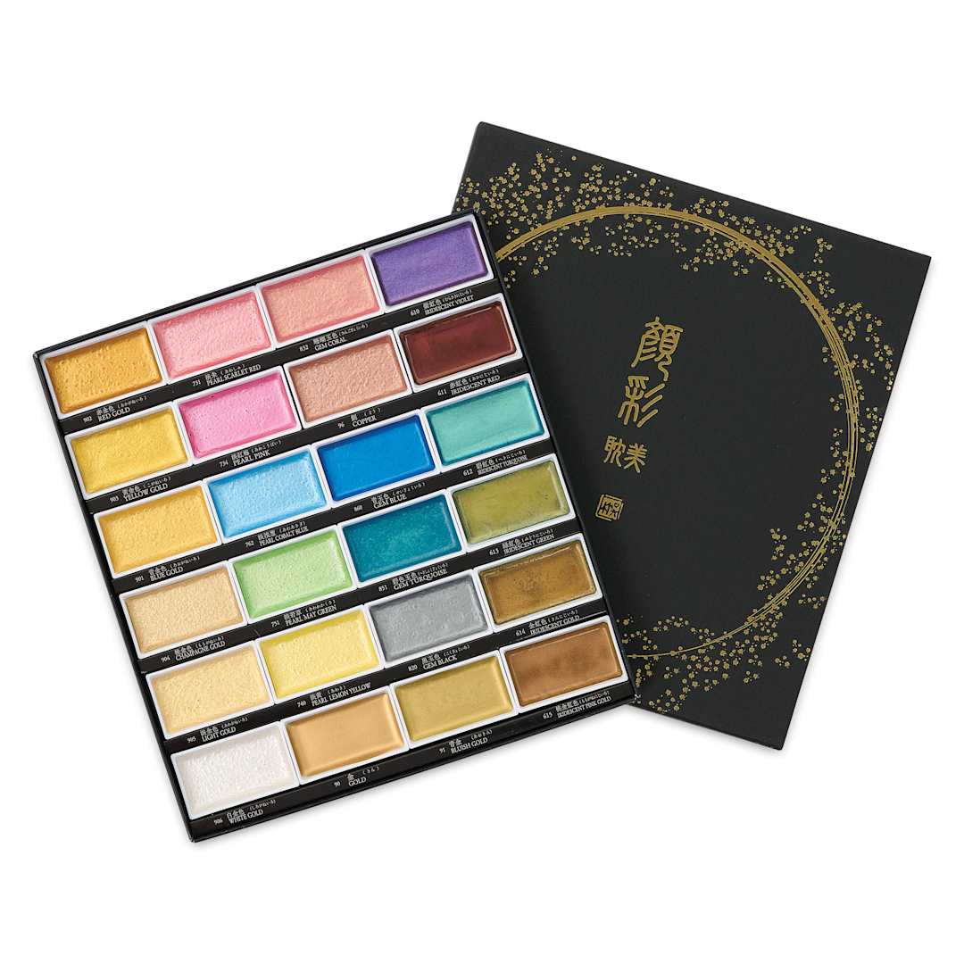 Open in modal - Kuretake Gansai Tambi Watercolor Pans - Set of 24, Metallic 2 Colors