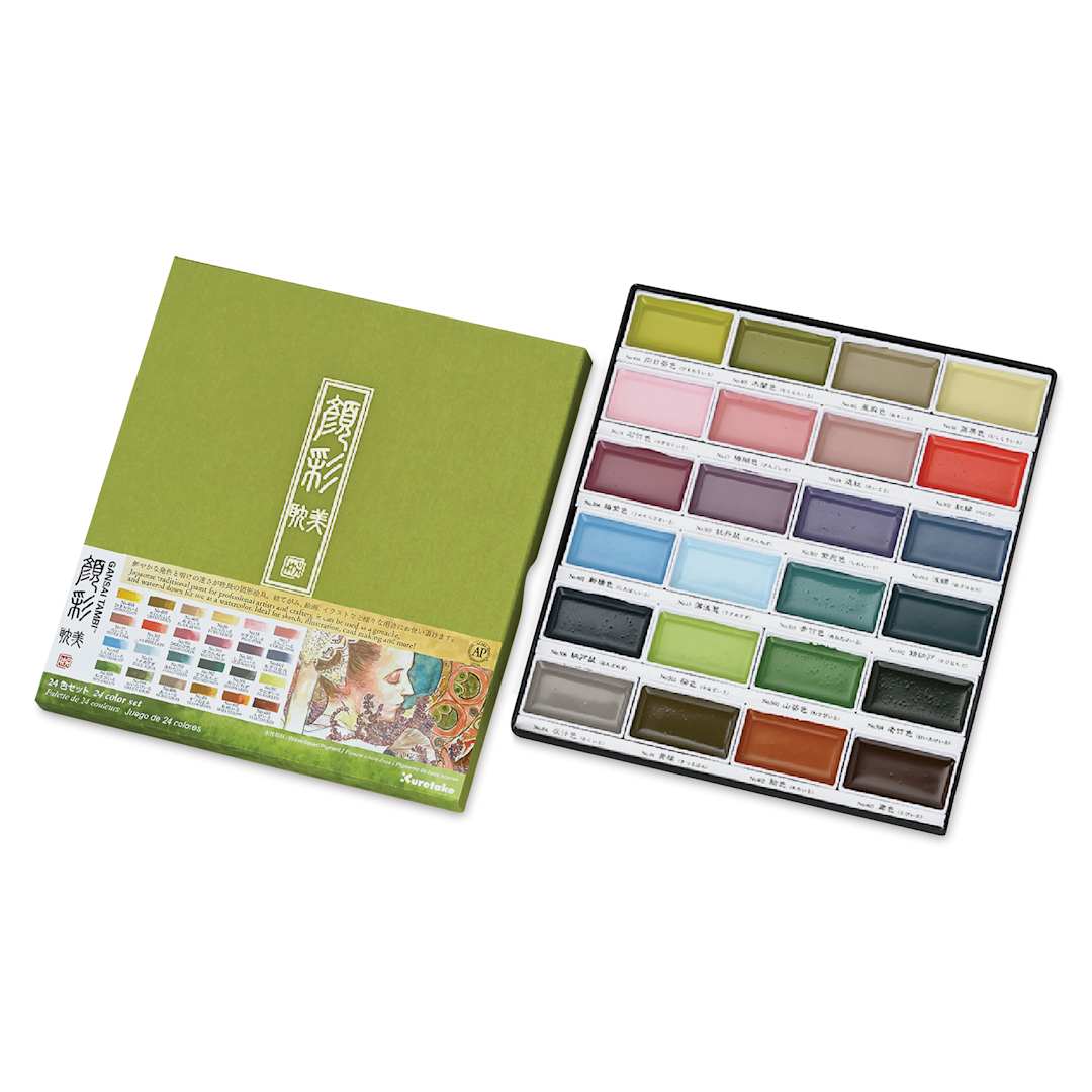 Open in modal - Kuretake Gansai Tambi Watercolor - Art Nouveau, Set of 24 (with packaging open)