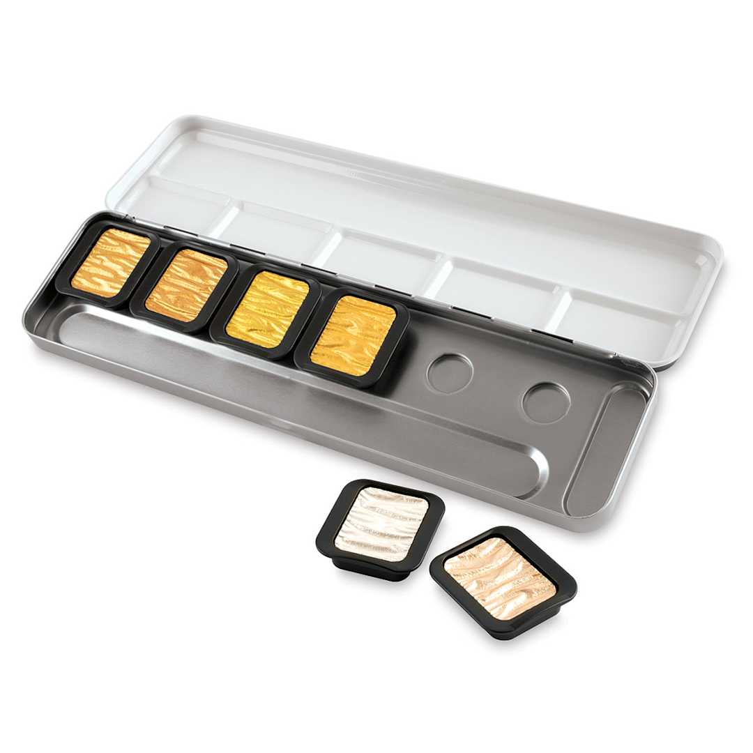 Open in modal - Finetec Artist Mica Watercolor - Gold & Silver Pearlescent Set of 6. In package, two pans out of package.