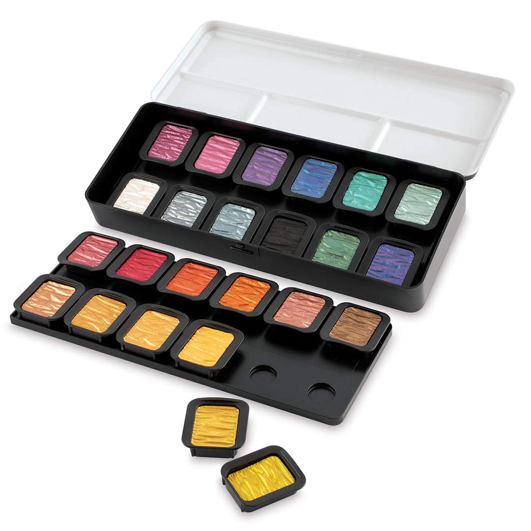Open in modal - Finetec Artist Mica Watercolor - Pearlescent Set of 24. In package, two pans out of package.