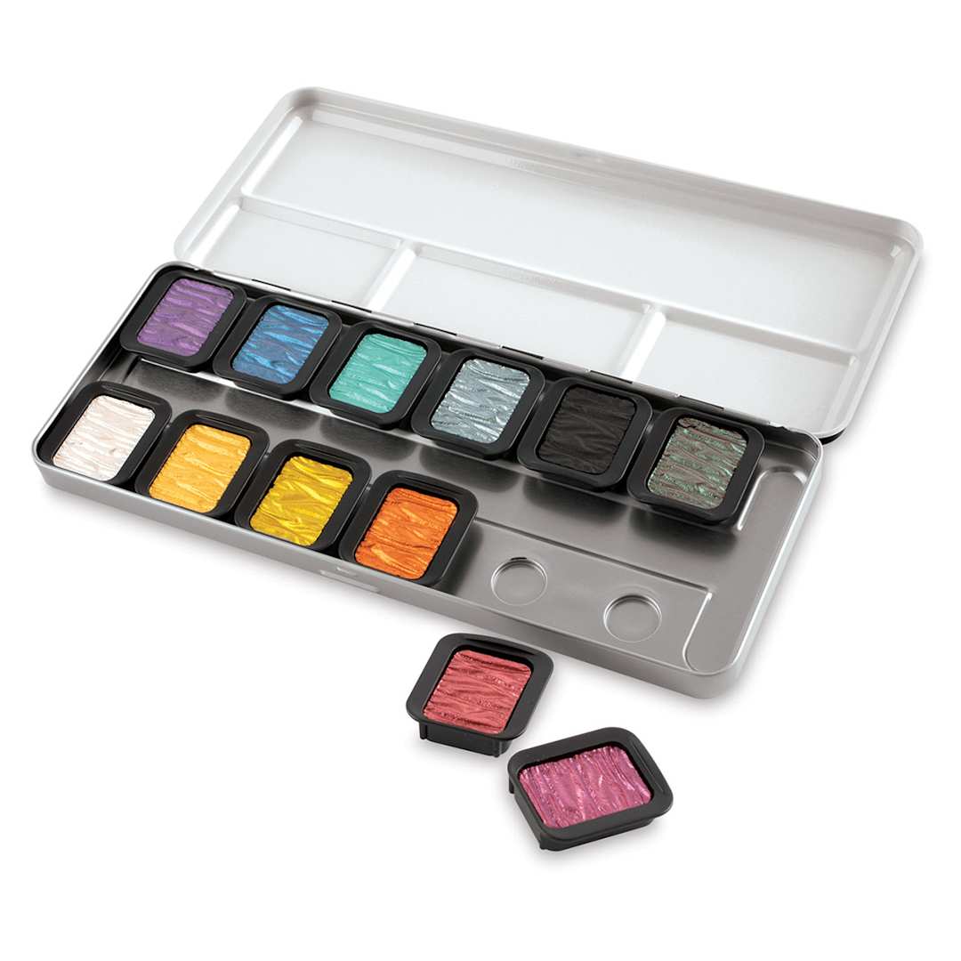 Open in modal - Finetec Artist Mica Watercolor - Pearlescent Set of 12. In package, two pans out of package.