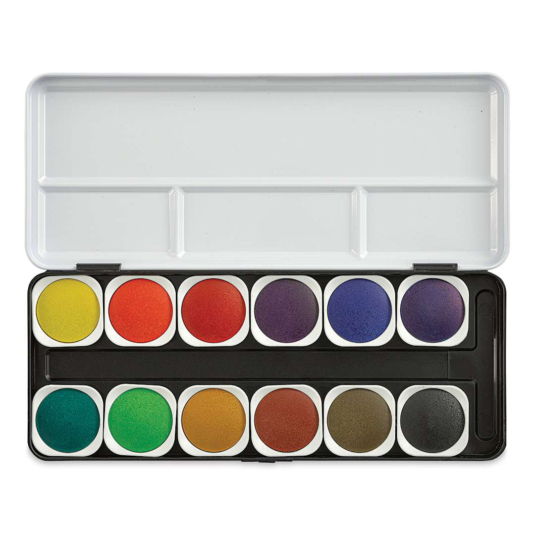 Open in modal - Finetec Transparent Watercolor Pan Set - Assorted Colors,  Set of 12 (Lid open)