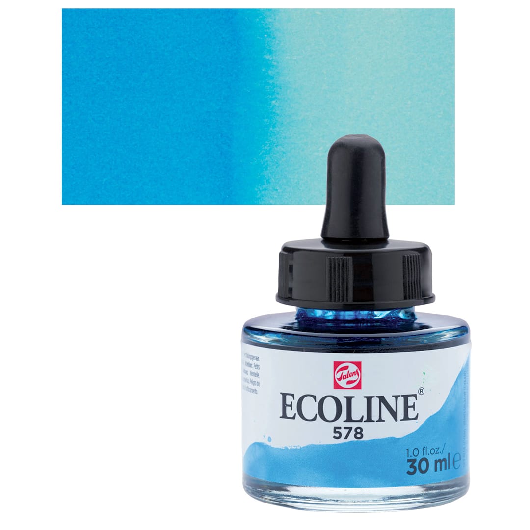 Open in modal - Ecoline Liquid Watercolor with Dropper - Sky Blue Cyan, 30 ml jar and swatch