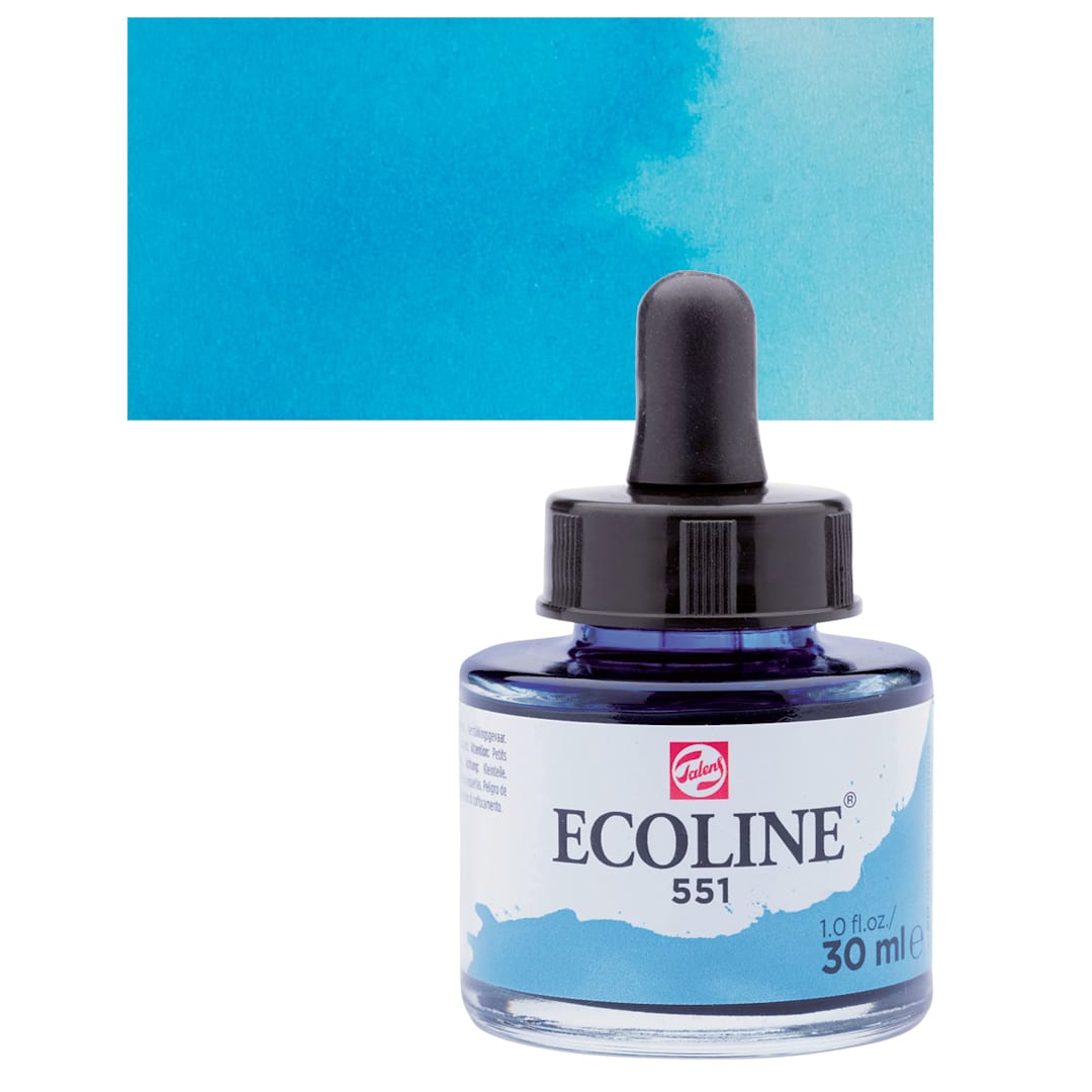 Open in modal - Ecoline Liquid Watercolor with Dropper - Sky Blue Light, 30 ml jar and swatch