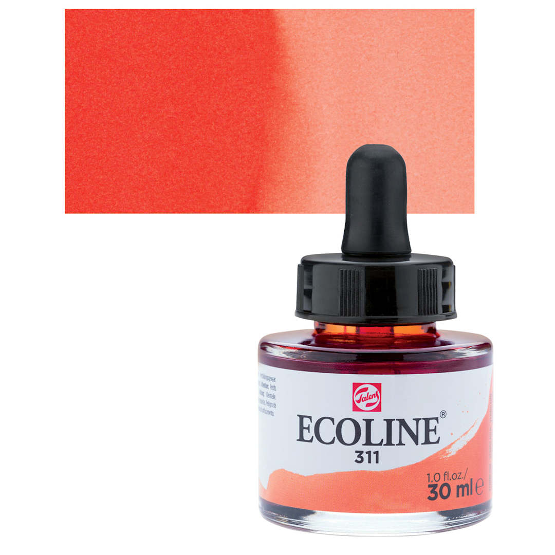Open in modal - Ecoline Liquid Watercolor with Dropper - Vermilion, 30 ml jar and swatch
