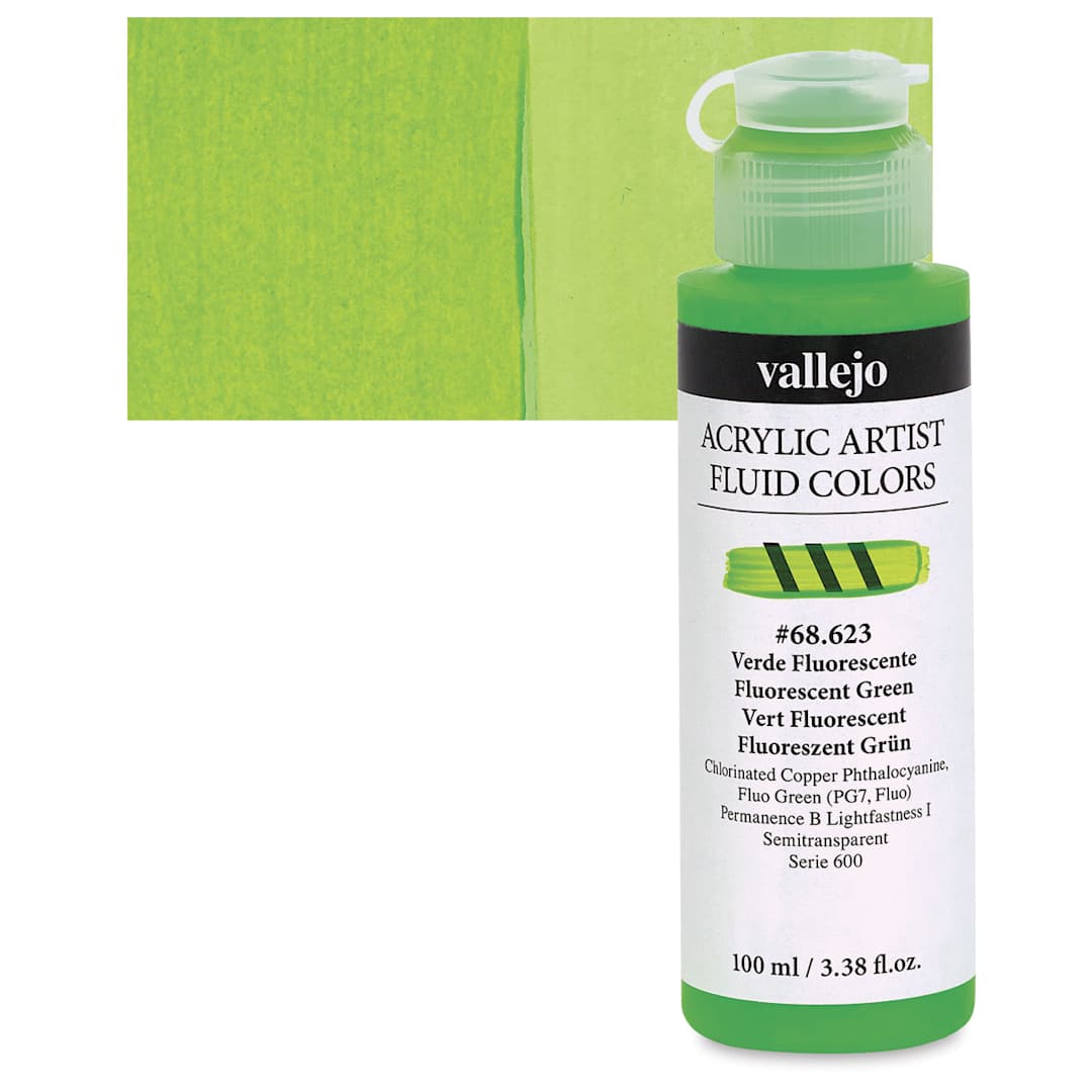 Open in modal - Vallejo Fluid Acrylic - Fluorescent Green, 100 ml and swatch