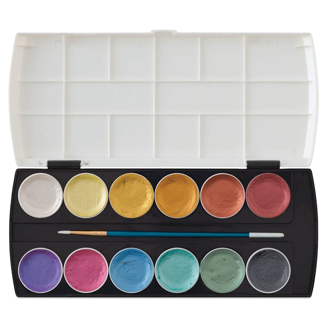 Open in modal - Richeson Semi-Moist Watercolor Sets - Open package of 12 piece Metallic Colors with brush