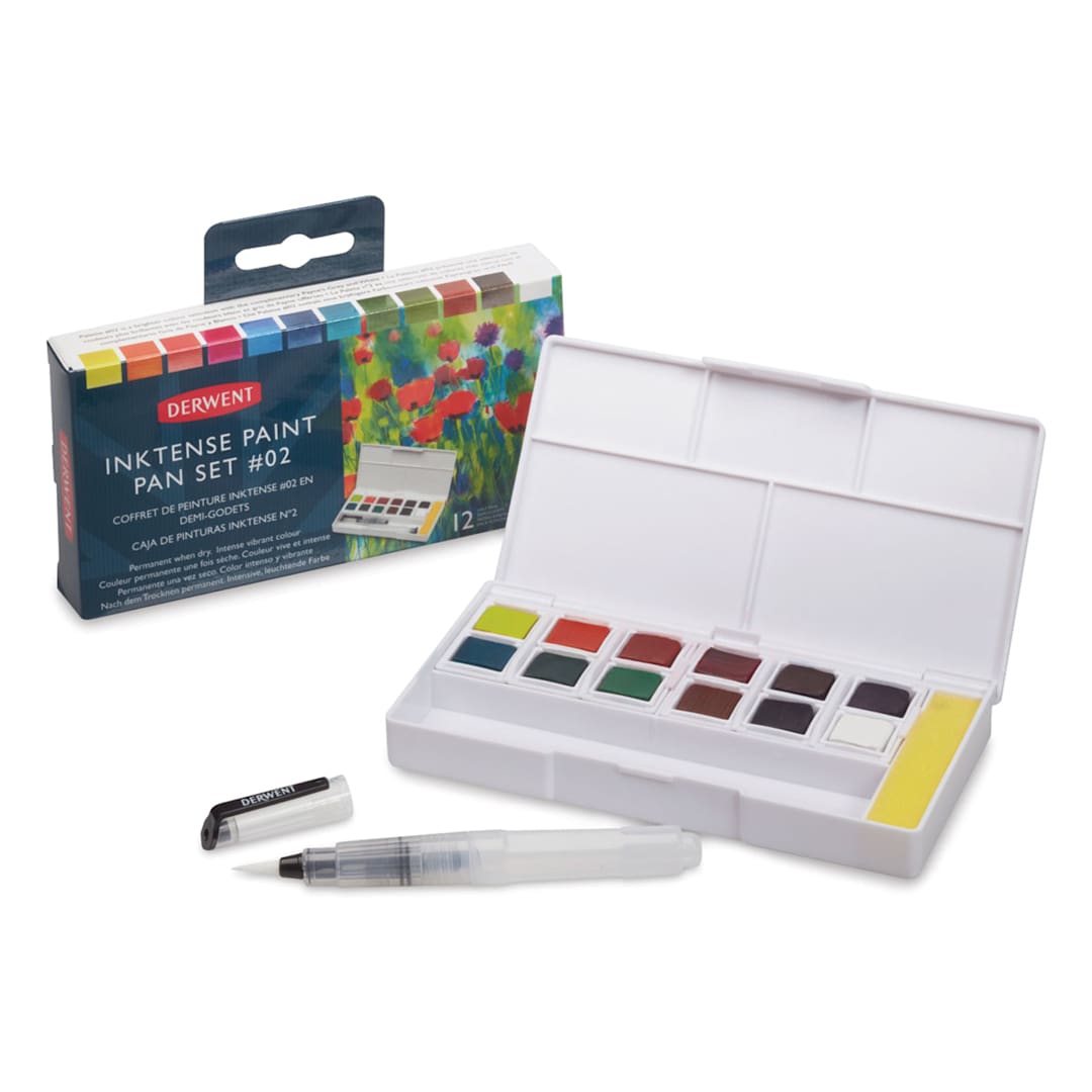 Open in modal - Derwent Inktense Paint Pan Set - Open palette showing 12 colors from Palette 02 set.